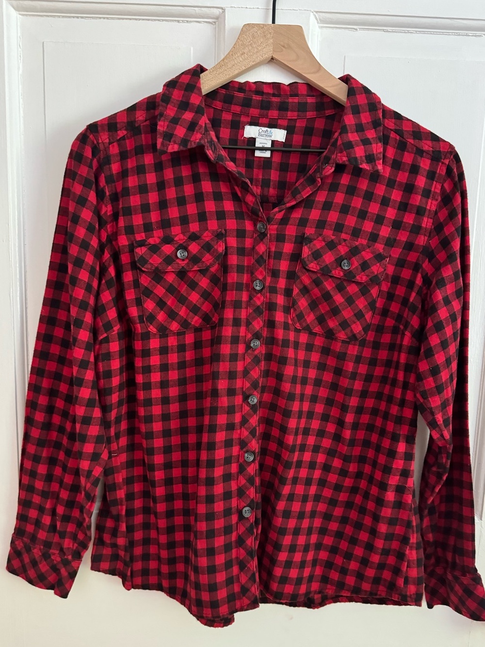 Croft & Barrow Red Black Buffalo Plaid Button Up Flannel Cotton Shirt, Petite M
